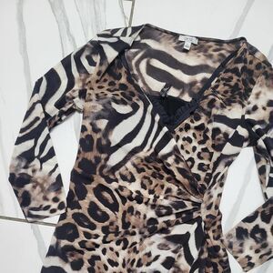 Cache Y2K Leopard Zebra Animal Print Ruched Top Mob Wife